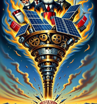 Steampunk illustration of a massive brass gear vortex pulling in solar panels, Tesla batteries, wind turbines, and natural gas flames, with confused Victorian-era investors at the top and a cracking brain made of gears at the bottom, symbolizing how psychological biases and echo chambers distort progressive investors' views on energy and wealth.