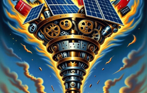 Steampunk illustration of a massive brass gear vortex pulling in solar panels, Tesla batteries, wind turbines, and natural gas flames, with confused Victorian-era investors at the top and a cracking brain made of gears at the bottom, symbolizing how psychological biases and echo chambers distort progressive investors' views on energy and wealth.