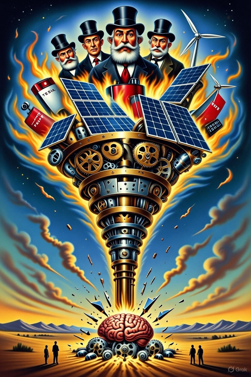 Steampunk illustration of a massive brass gear vortex pulling in solar panels, Tesla batteries, wind turbines, and natural gas flames, with confused Victorian-era investors at the top and a cracking brain made of gears at the bottom, symbolizing how psychological biases and echo chambers distort progressive investors' views on energy and wealth.